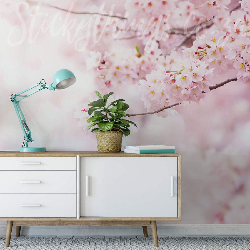 Cherry Blossom Wall Mural - Soft Pink Floral Branch Wallpaper Mural.