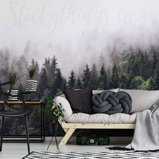 Misty Forest Wall Mural on a living room wall