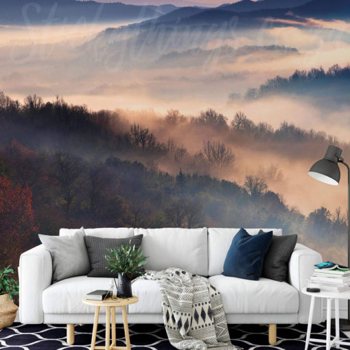 Misty Mountains Wall Mural on a living room wall