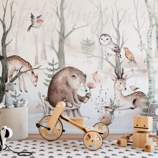 Watercolour Forest Wall Mural on a playroom wall
