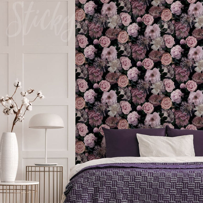 Beautiful Roses Wallpaper - Purple Florals on Black Wallpaper