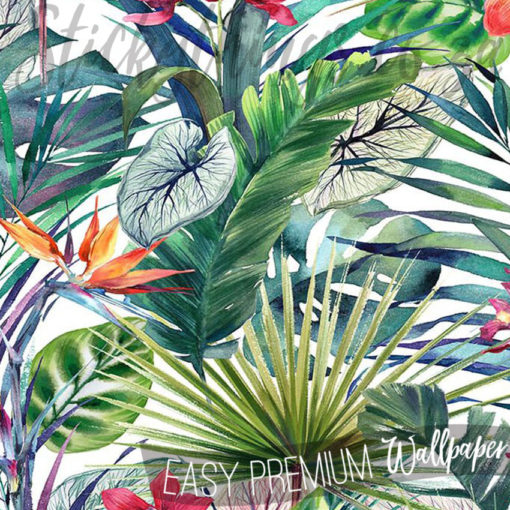 A close up of Bright Florals and Palm Leaves Wallpaper