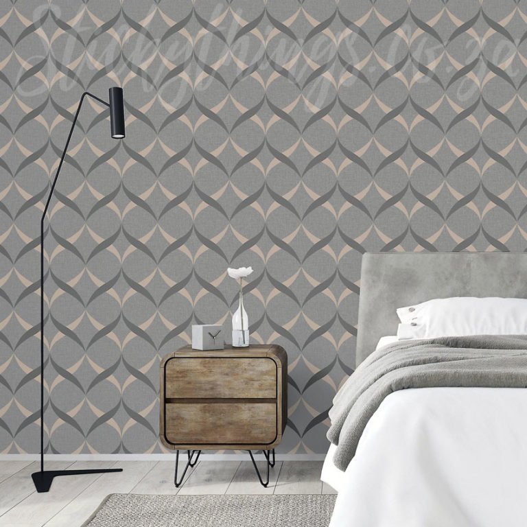 Curved Grey Trellis Wallpaper on a bedroom wall
