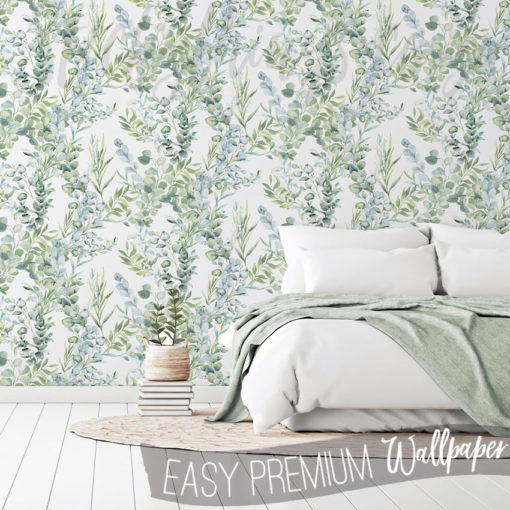 Green Watercolour Leaf Wallpaper on a bedroom wall