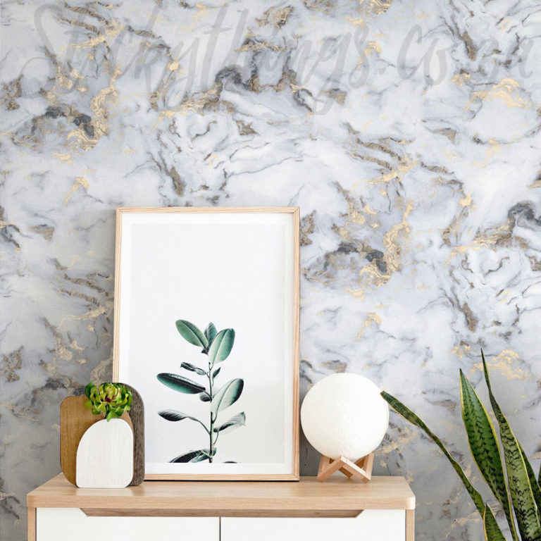 Metallic Gold Marble Wallpaper on a wall.