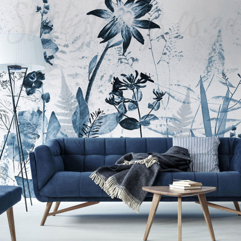 Blue Pressed Flowers Mural on a wall