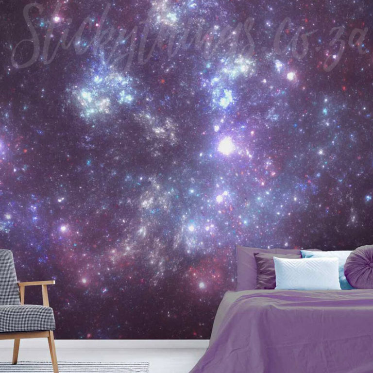 Blue Purple Cosmos Mural on a bedroom wall