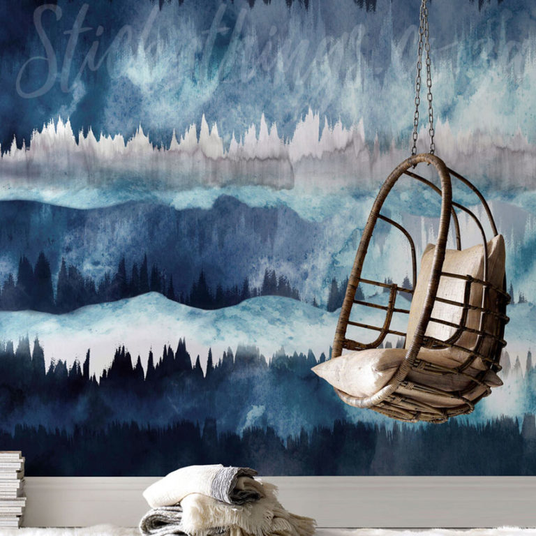 Blue Watercolour Landscape Mural on a wall