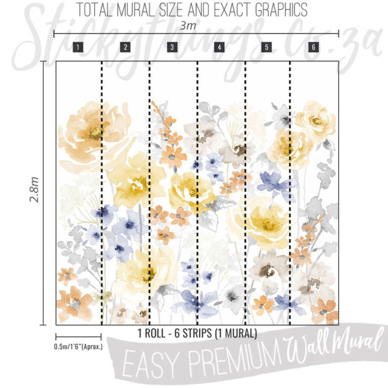 Size and Exact Graphics of Blue and Yellow Flowers Wall Mural
