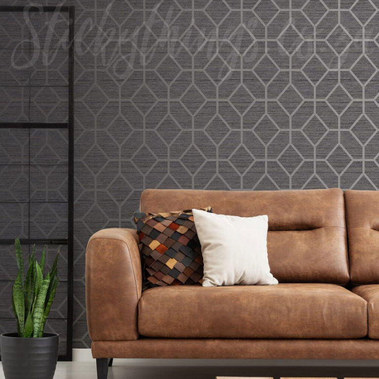 Geometric Grey Grasscloth Wallpaper on a wall