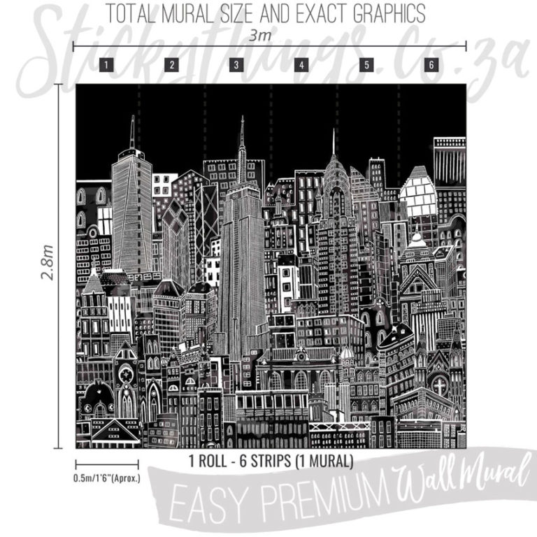 Size and Exact Graphics of Hand-drawn City Skyline Wallpaper Mural