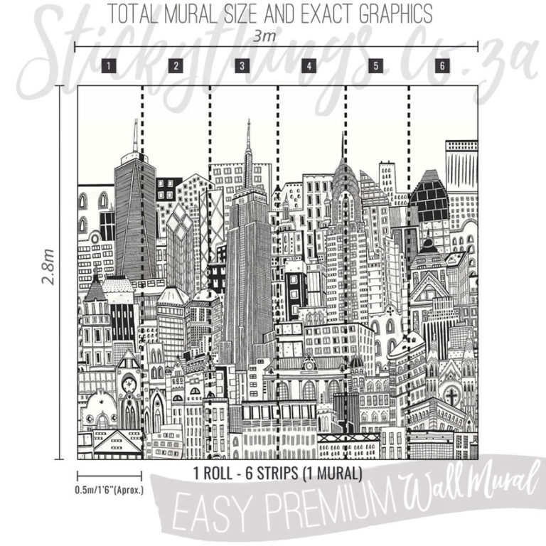 Size and Exact Graphics of Handdrawn Cityscape Wallpaper Mural