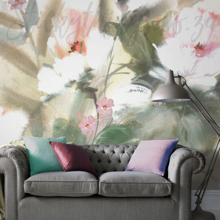 Lush Floral Wall Mural on a living room wall