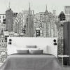 Monochrome City Sketch Mural on a bedroom wall