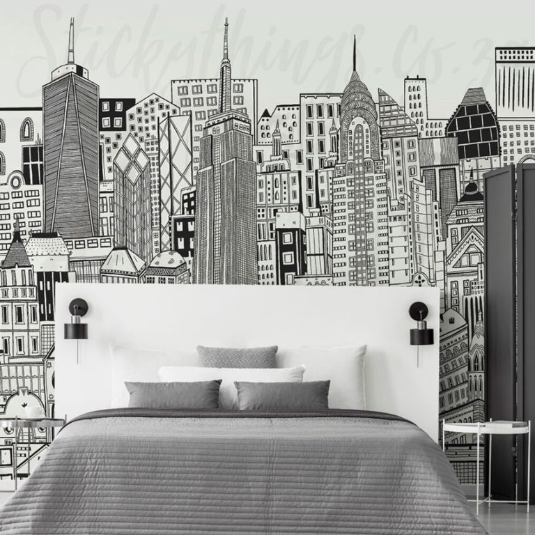 Monochrome City Sketch Mural on a bedroom wall