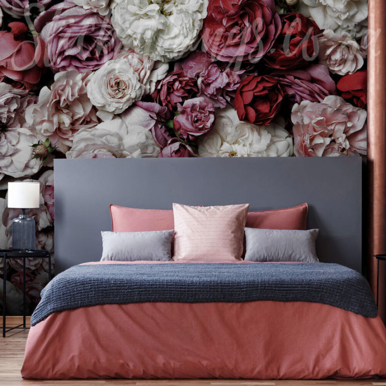 Peony Bouquet Wall Mural on a bedroom wall