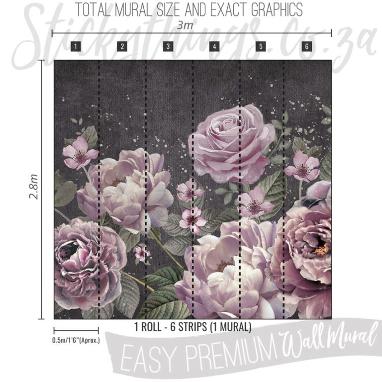 Size and Exact Graphics of Purple Roses and Peonies Floral Wall Mural