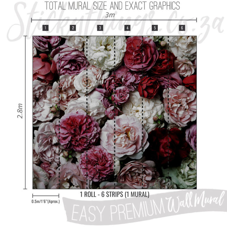 Size and Exact Graphics of Red and Pink Peonies Roses Mural