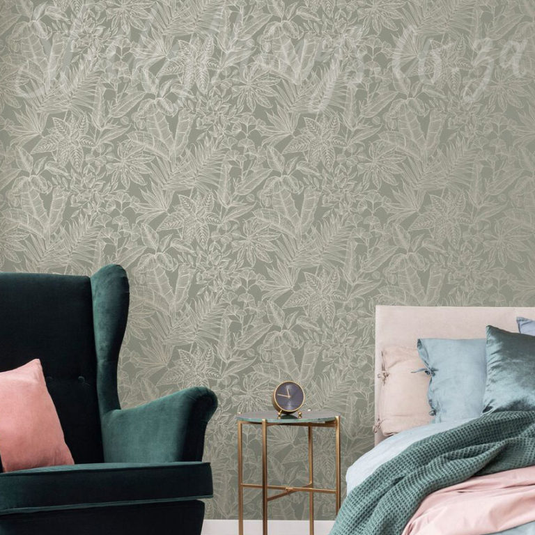 Sage Gold Tropical Wallpaper on a wall.