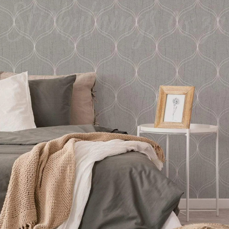 Silver Ogee Wallpaper on a bedroom wall