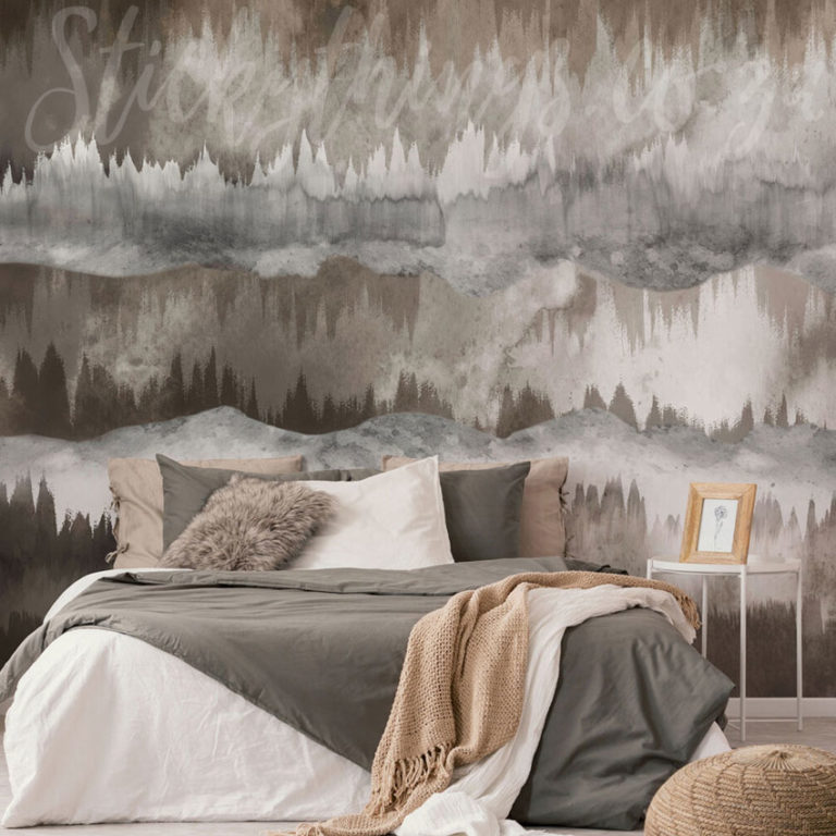 Taupe Watercolour Horizon Mural on a bedroom wall