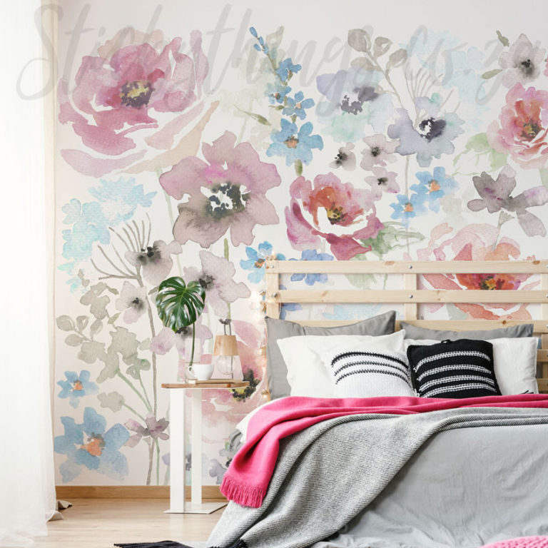Watercolour Spring Flowers Mural on a bedroom wall