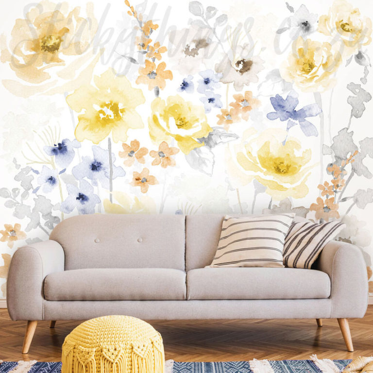Watercolour Summer Floral Mural on a wall on a living room wall