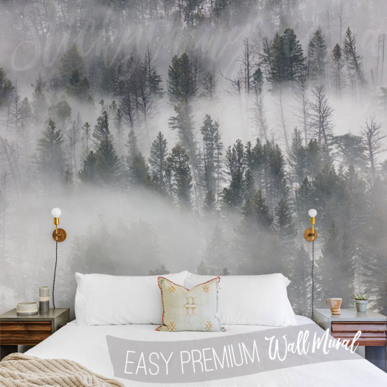 Misty Snow Forest Wall Mural on a bedroom wall
