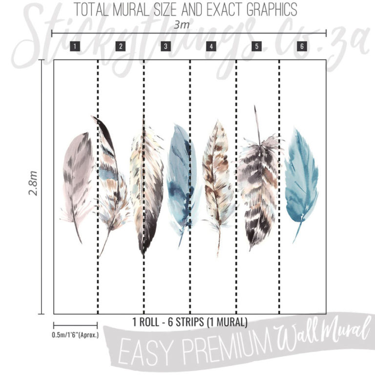 Size and Exact Graphics of Painted Boho Feather Wallpaper Mural