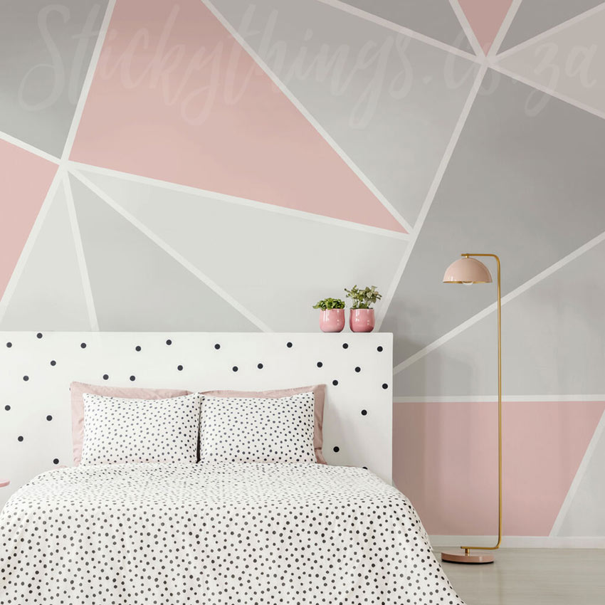 Pink Geometric Wall Mural - Geo Triangles Blush Grey Wallpaper Mural