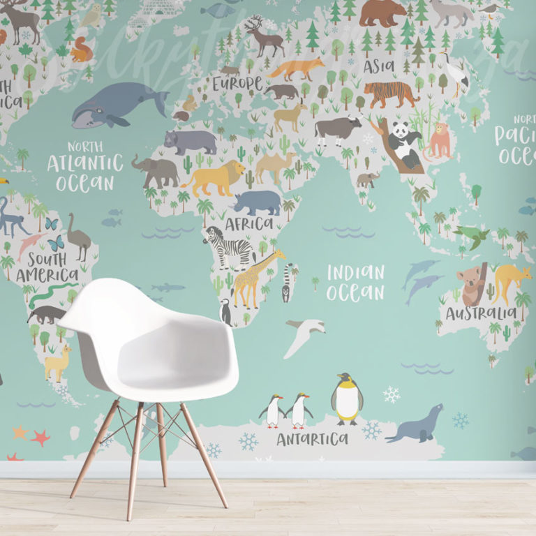 Teal Childrens World Map Mural on a wall
