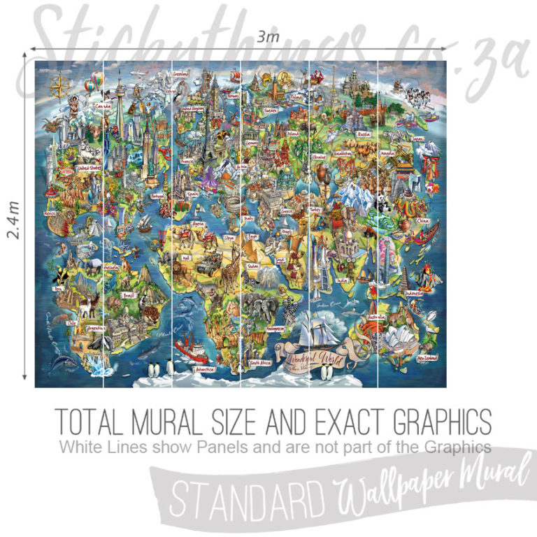 Size and Exact Graphics of Cartoon World Map Wallpaper Mural