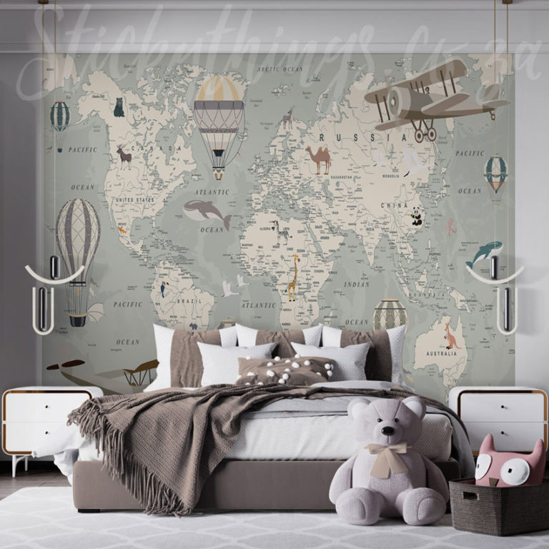 Childrens Map of the World Mural on a wall