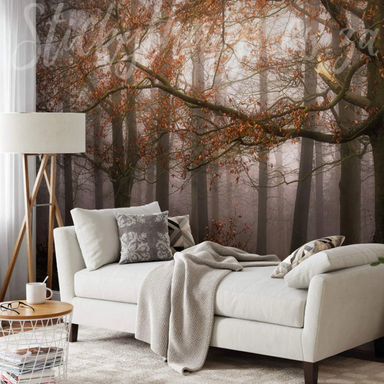 Misty Autumn Forest Wall Mural on a wall