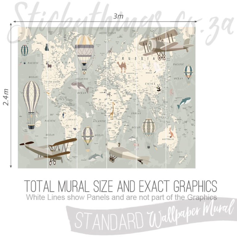 Size and Exact Graphics of Planes World Map Wallpaper Mural