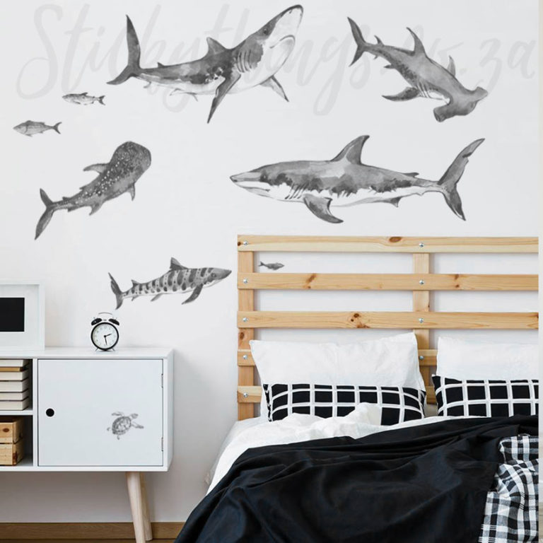 Watercolour Sharks Wall Decals on a wall