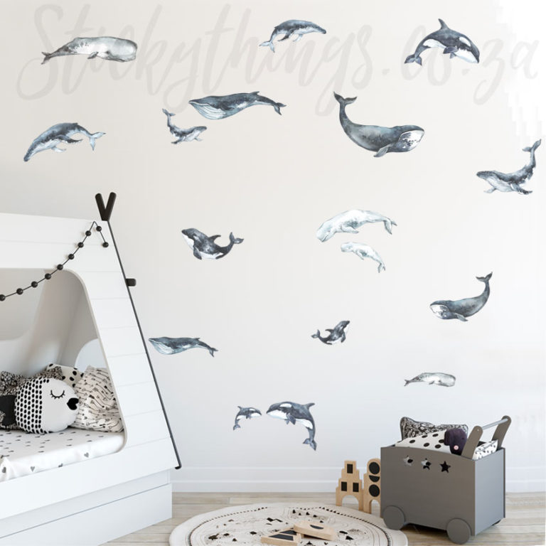 Watercolour Whales Wall Stickers on nursery room wall
