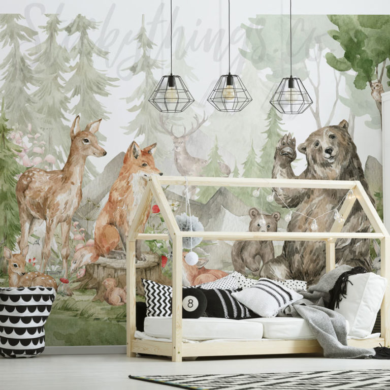 Watercolour Woodland Wall Mural on a wall