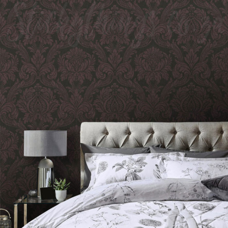 Charcoal Damask Wallpaper on a bedroom wall