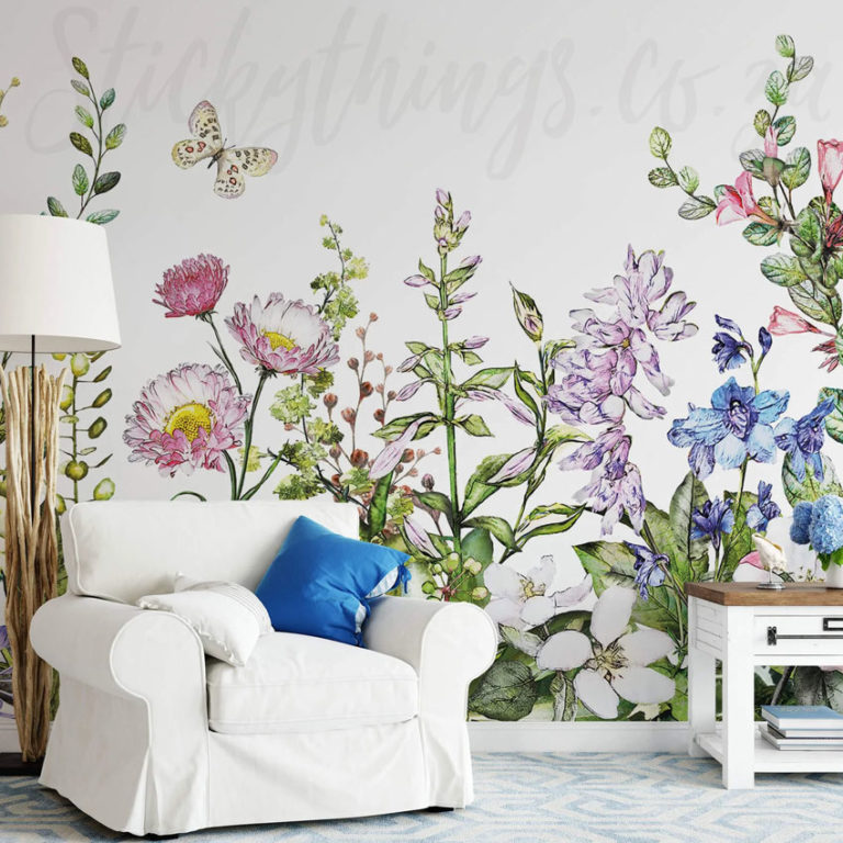 Handdrawn Flowers Wall Mural on a wall