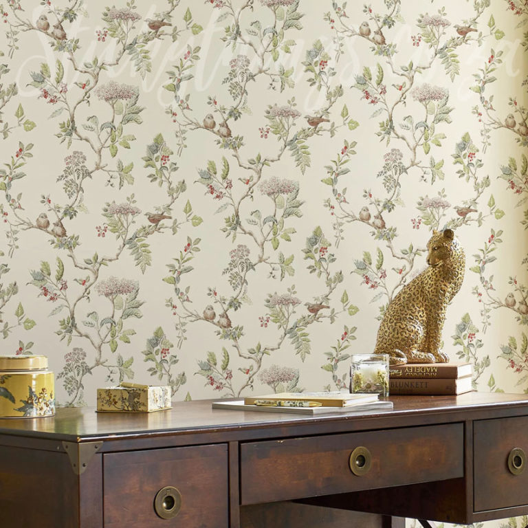 Cream Heritage Branch Wallpaper on a wall
