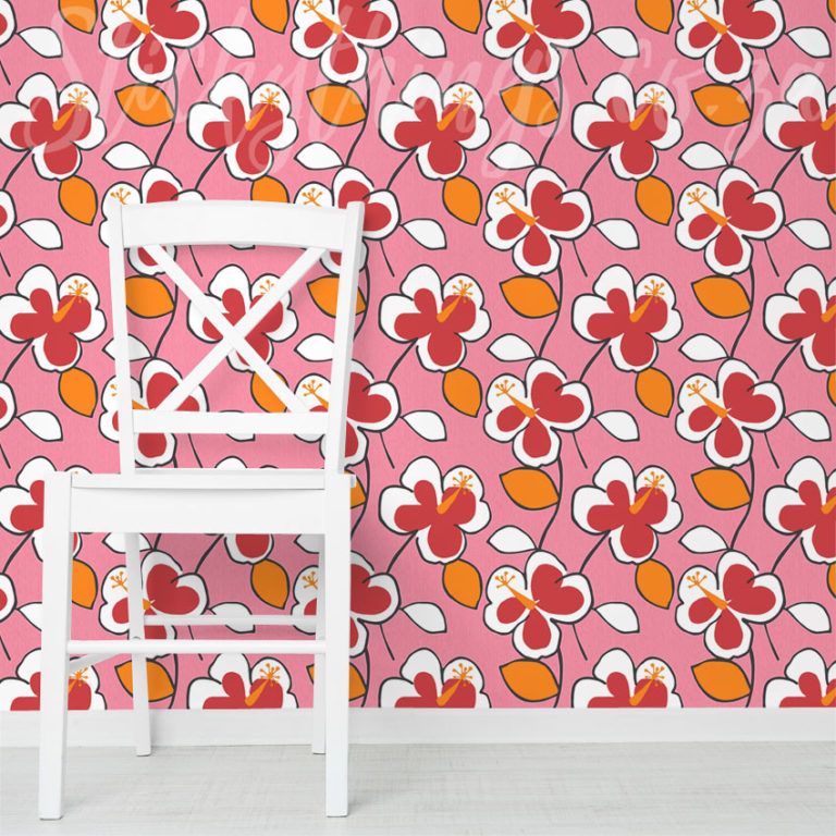 Retro Hibiscus Floral Wallpaper on a wall.