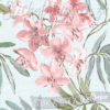 A close up of Scrubbable Pink on Blue Flowers Wallpaper