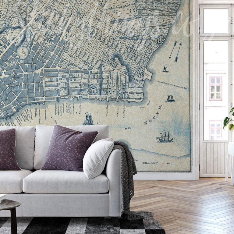 Antique New York Wall Mural on a living room wall
