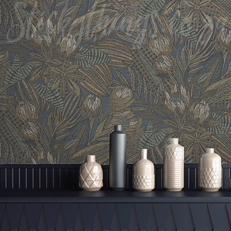 Navy Protea Flowers Wallpaper on a wall