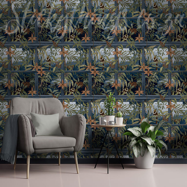 Navy and Gold Tropics Wallpaper on a wall