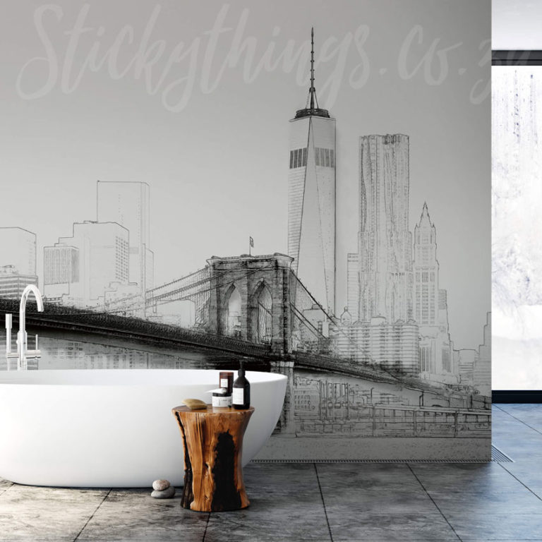 Stylised Brooklyn Bridge Wall Mural on a bathroom wall