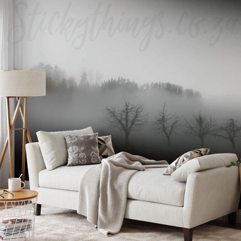 Foggy Forest Wall Mural on a wall