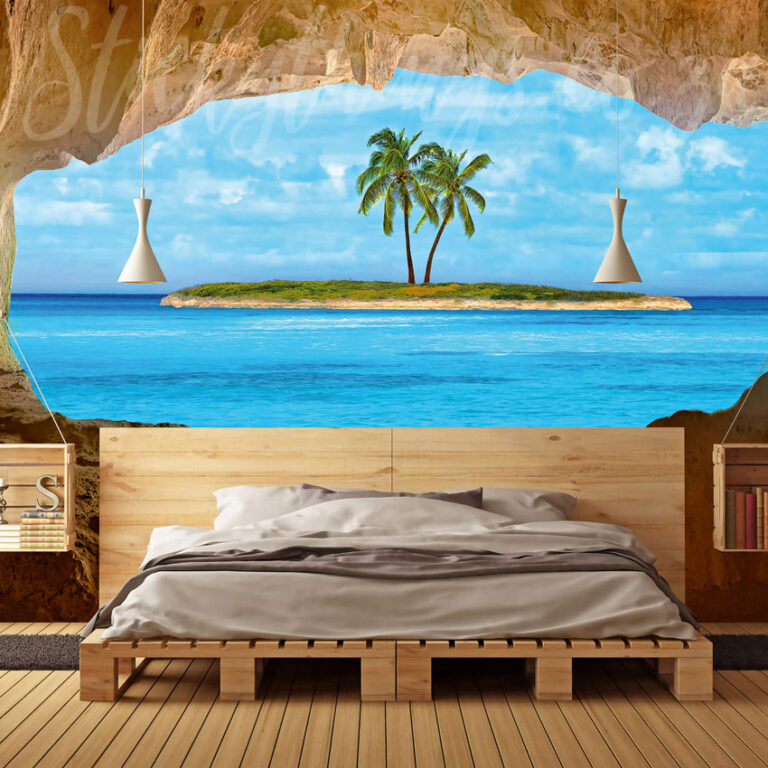 Tropical Island View Wall Mural on a bedroom wall