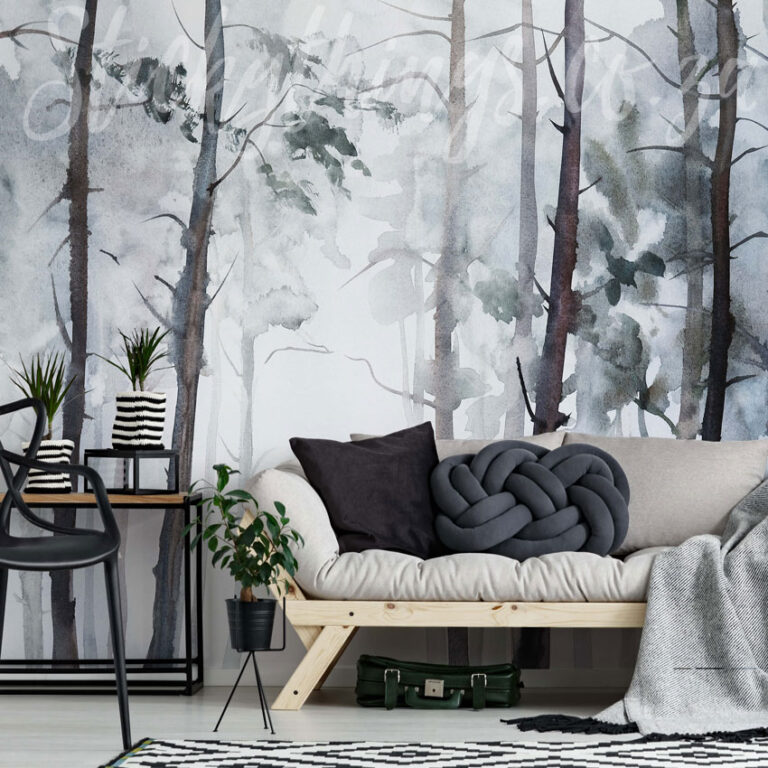 Watercolour Forest Trees Wall Mural on a living room wall